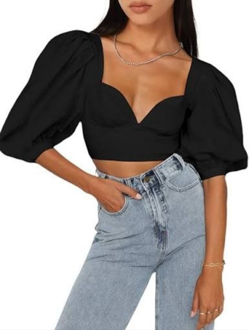 Black Puff Sleeve Sweetheart Crop Top with Light Blue Ripped Jeans